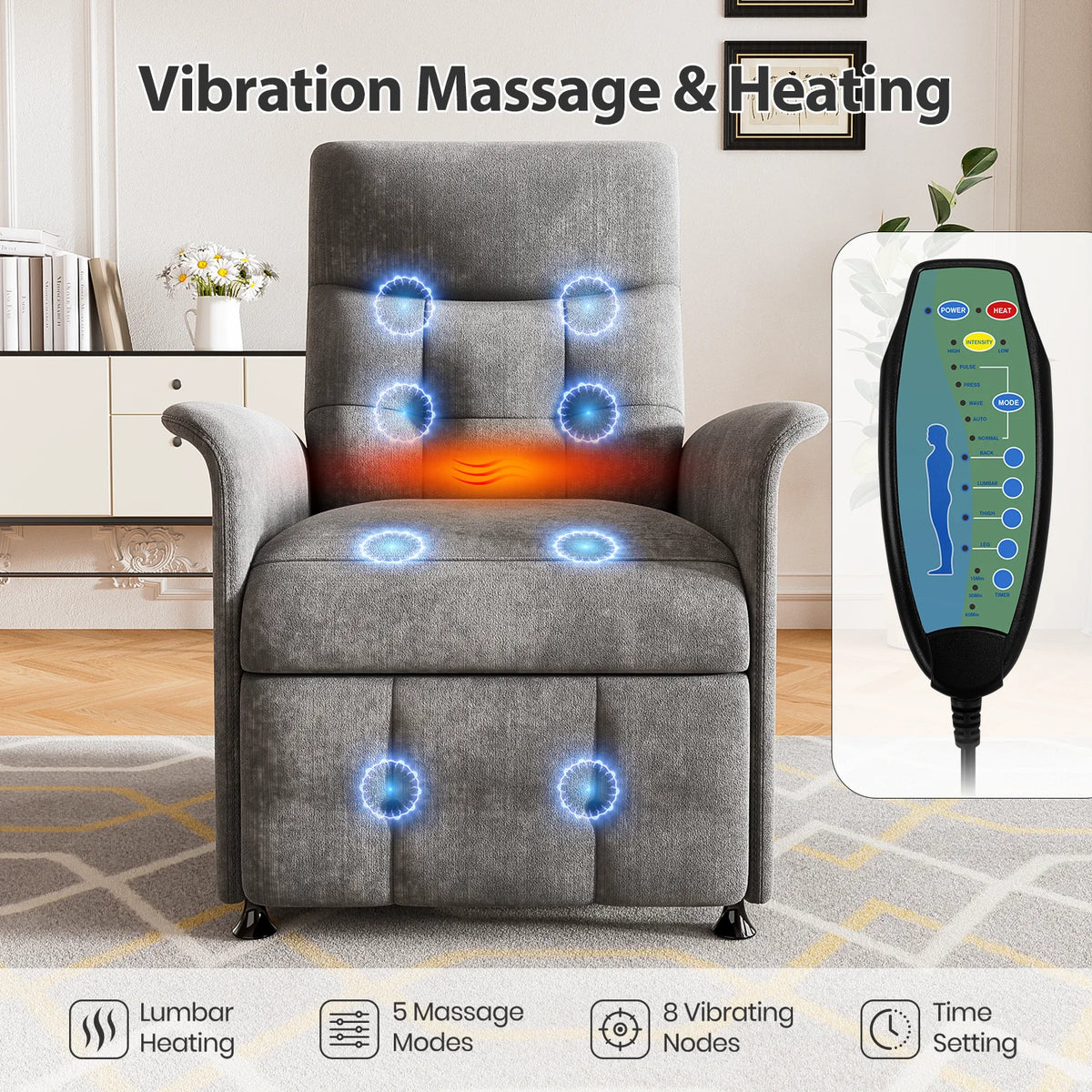 Power Recliner Chair with Heated and Massage, Adjustable Soft Fabric Reclining Chair for Adults, Theater Seating Single Sofa