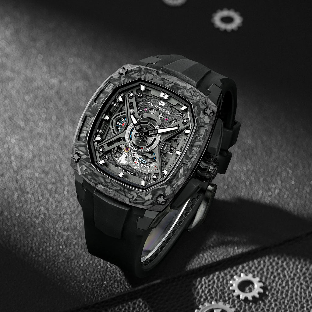 TSAR BOMBA Men's Luxury Mechanical Watch, Carbon Fiber Case, Luminous, 5ATM Waterproof, Viton Strap, Ideal Gift for Men