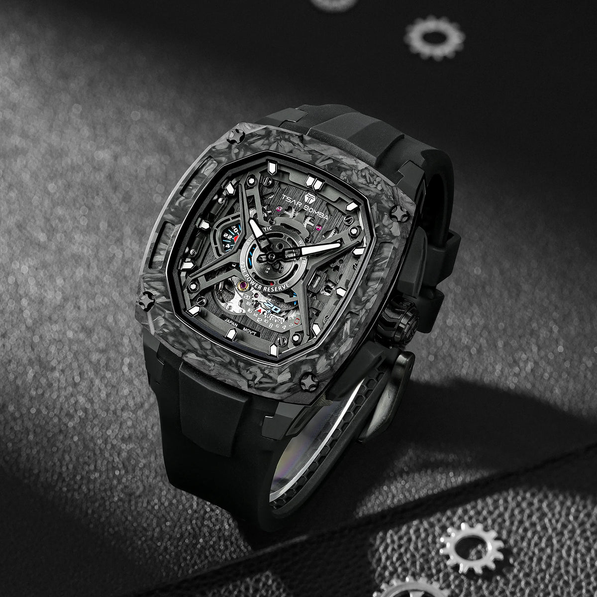 TSAR BOMBA Men's Luxury Mechanical Watch, Carbon Fiber Case, Luminous, 5ATM Waterproof, Viton Strap, Ideal Gift for Men