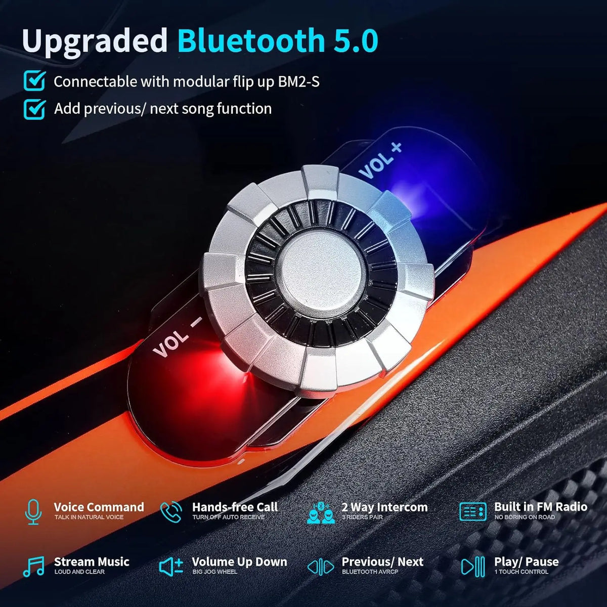 Full Face Motorcycle Helmet Bluetooth 5.0 Integrated 2 Way Intercom DOT FMVSS-218 Rated Motorbike Helmet Communication with Dual