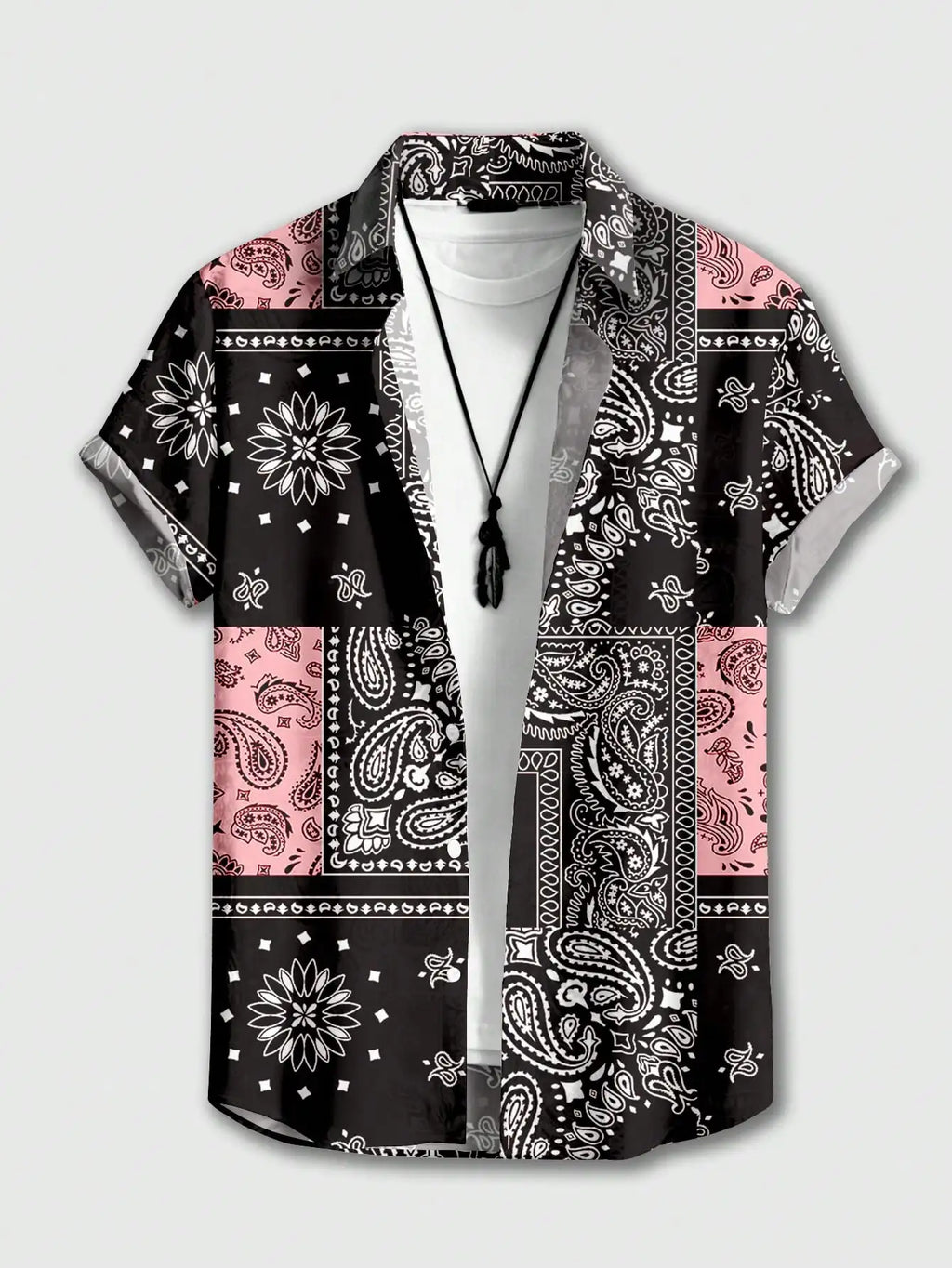 Men's Casual Short Sleeve Shirt with Black Pink Paisley Patchwork Print for Summer Vacation