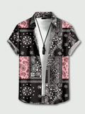 Men's Casual Short Sleeve Shirt with Black Pink Paisley Patchwork Print for Summer Vacation
