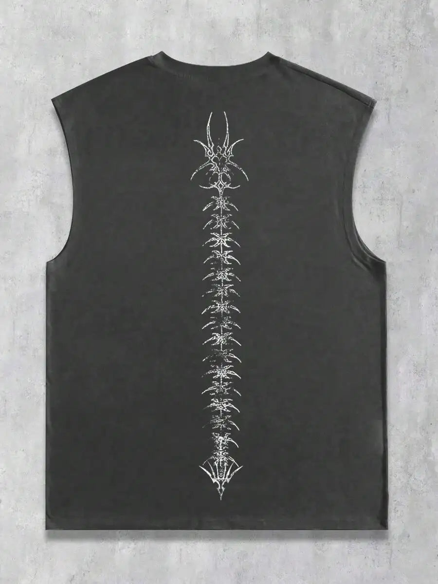 Men's Black Sleeveless Tank Top with Abstract White Graphic Print, Gothic Style, Casual Wear