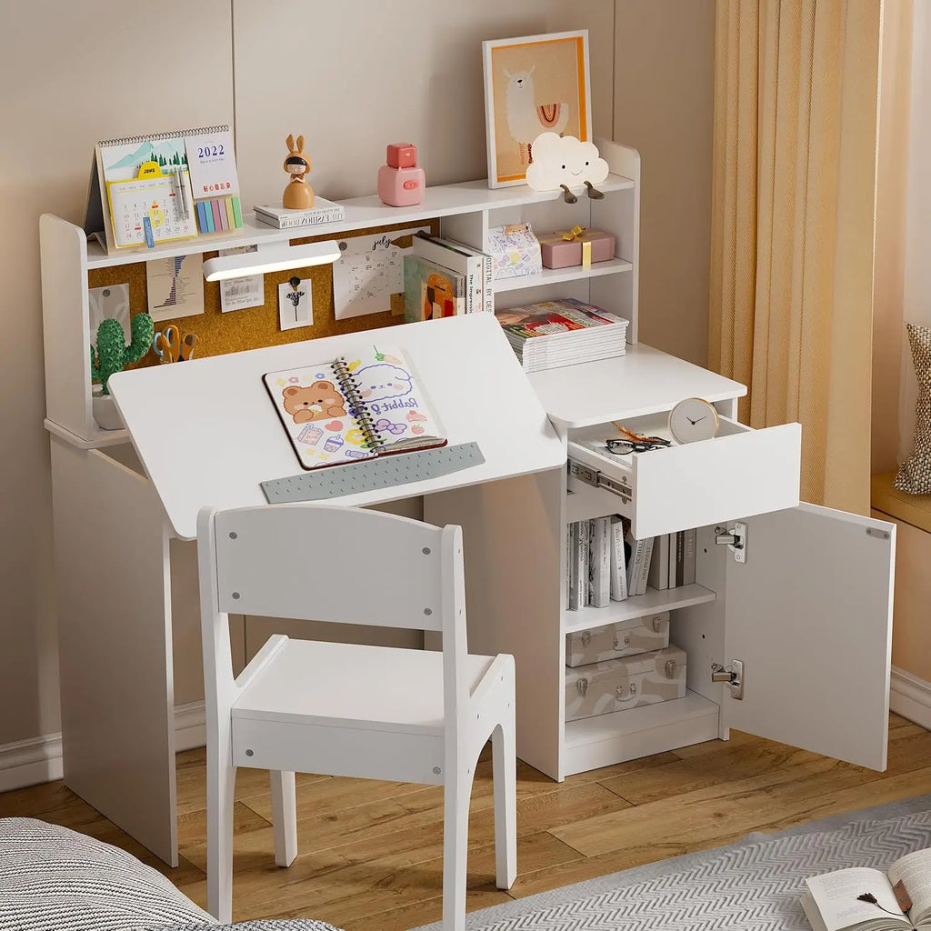 Kids Study Desk Chair Set Children Table Three Color Lights Tiltable Desktop Multi Functional Children Wooden Student Writing De