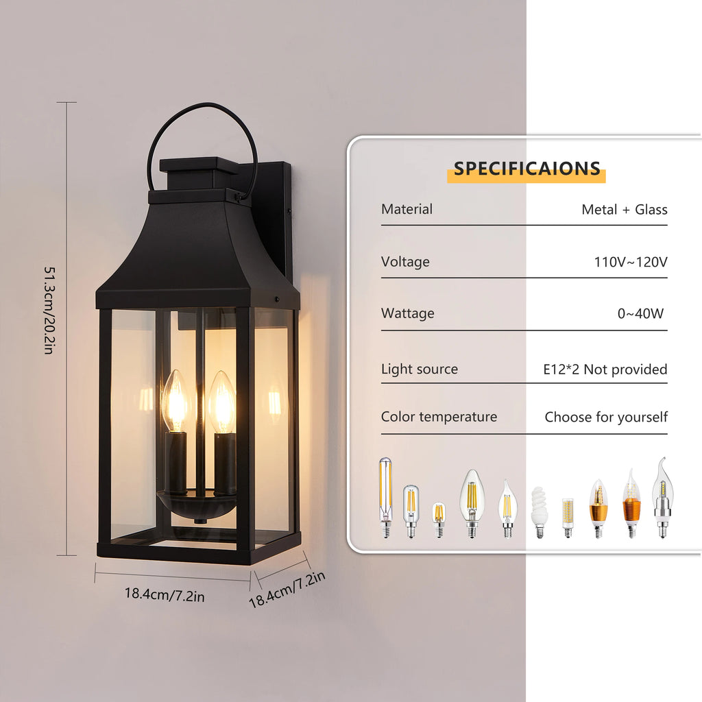 20" 2-Light Outdoor Wall Lantern Black Metal Clear Glass E12 Base Weatherproof for Porch Garage Exterior Hardwired 120V No Bulbs