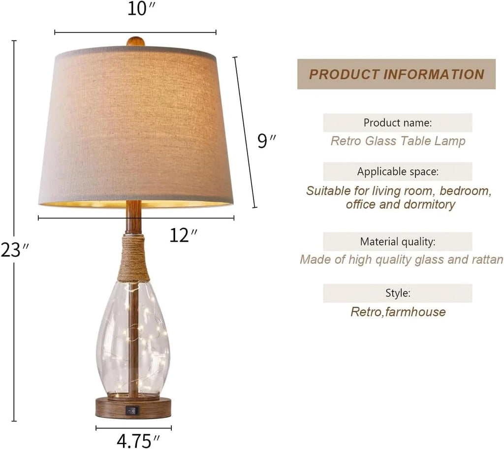 Modern Farmhouse Nightstand Lamps Set of 2 with USB Charging, Rattan Glass Design for Bedroom Living Room