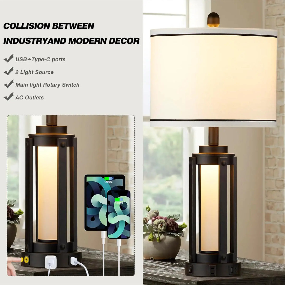 Modern Table Lamps Set of 2 with USB A+C Charging Ports & AC Outlet, Nightstand Lamp for Living Room Bedroom Decor