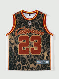 Men's Sleeveless Basketball-Style Tank Top with Leopard Print and Bold Number Design