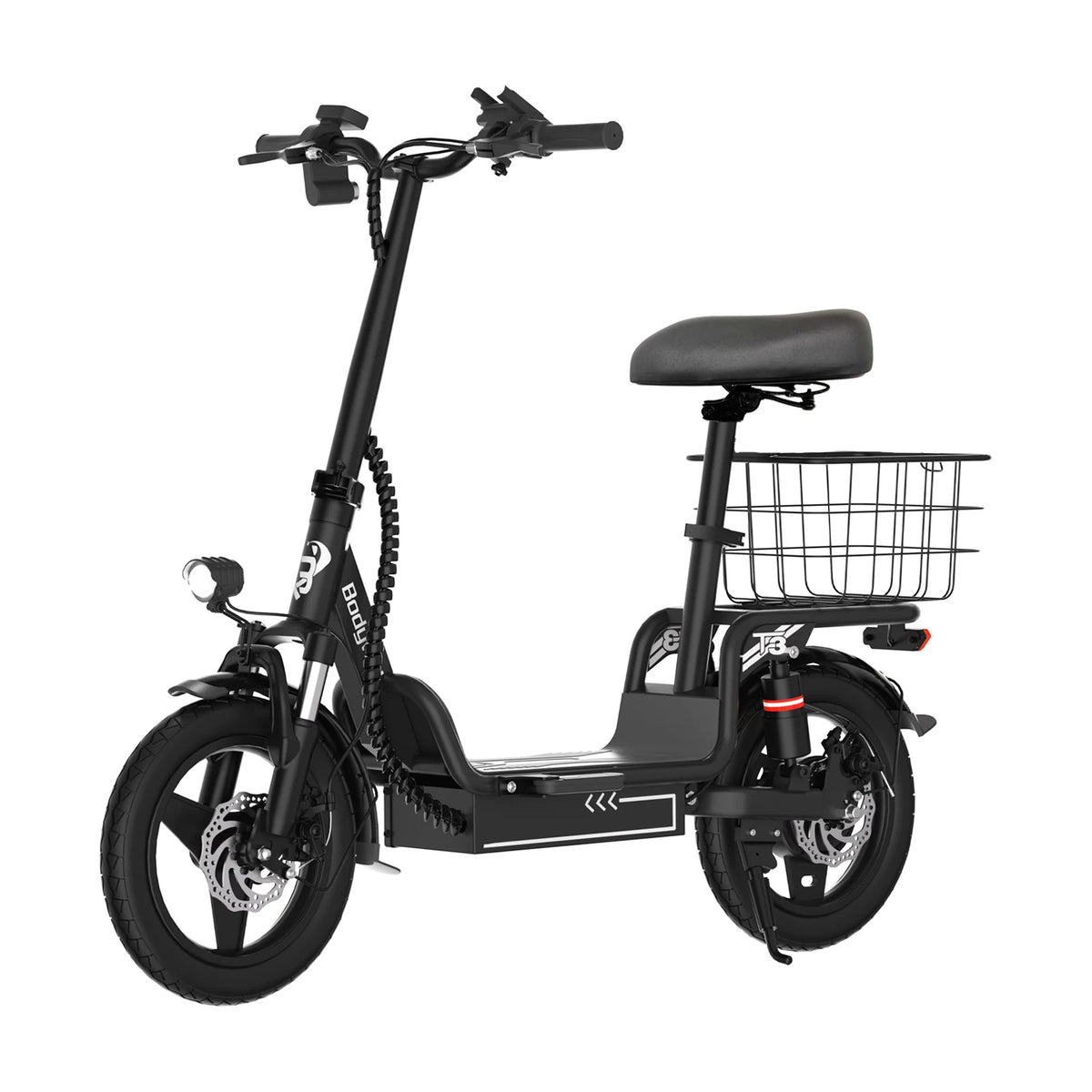 Bodywel T3 Electric Bike for Adults Electric Scooter with Seat, 14" Fat Tire E-bike, 500W 48V 9AH,Foldable ebike with Basket