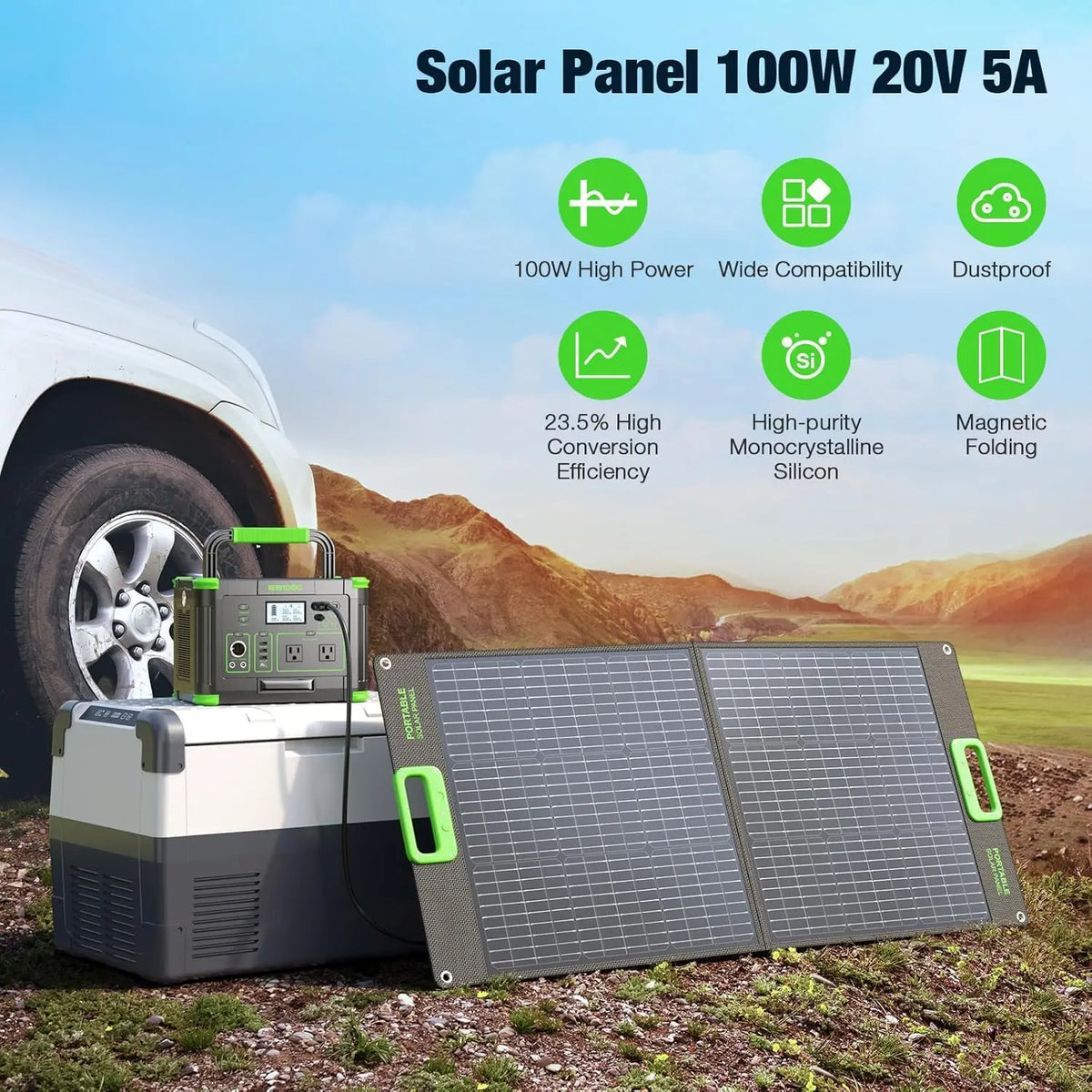 100W Portable Solar Panel for Power Station Generator, 20V Foldable Solar Cell Solar Charger with High-Efficiency Battery Charge
