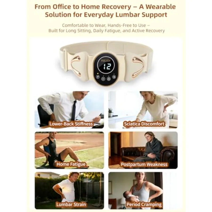 4-in-1 Smart Lower Back Massager with Heat Pulse Vibration Light Wearable Waist Lumbar Sciatica Pain Relief Device for Long Sit