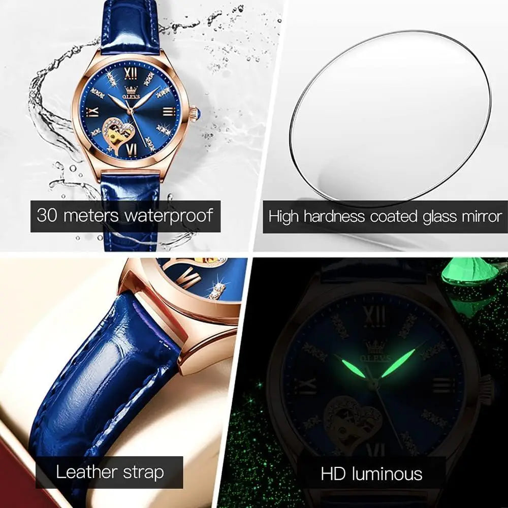 OLEVS Watches or Women Automatic Ladies Watch Mechanical Leather Strap Sel-Winding Diamond dial Waterproo
