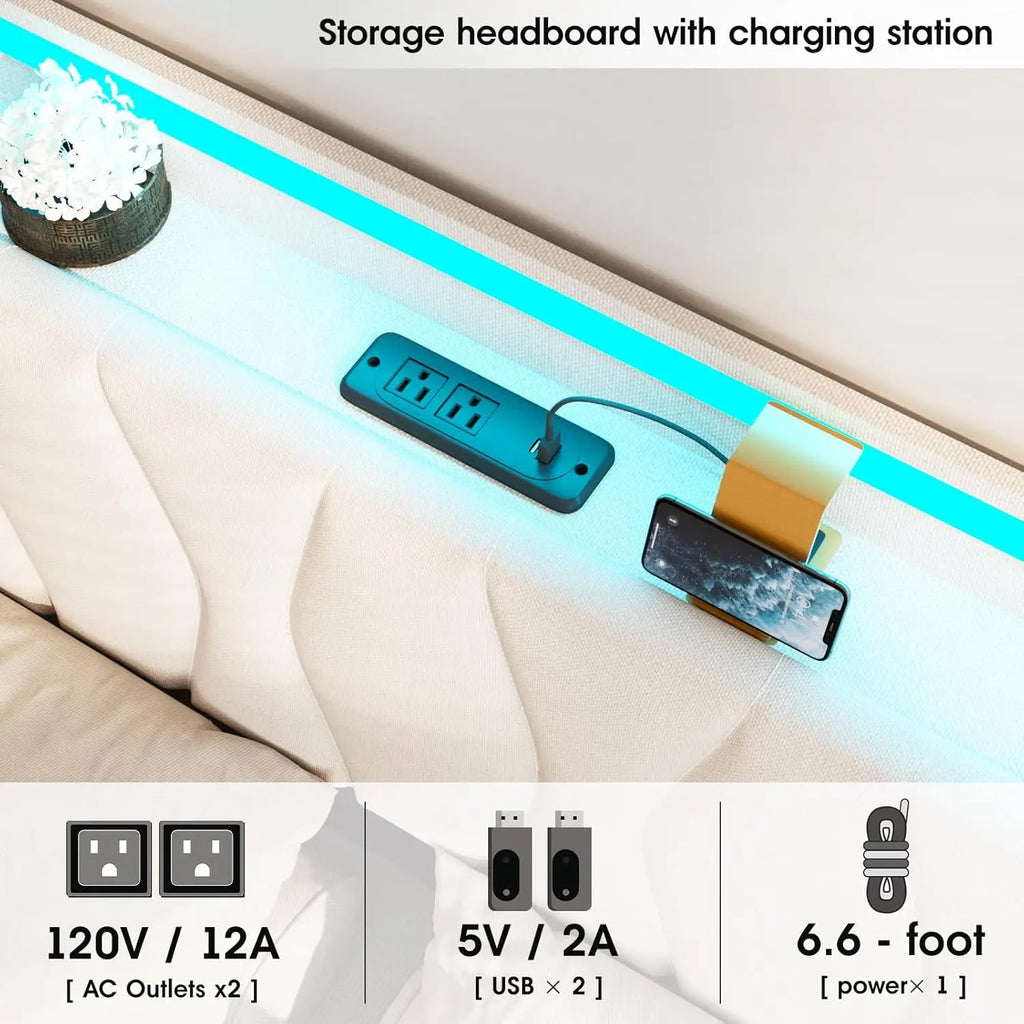 Queen Size Lift-Up Storage Bed Frame with Adjustable Headboard, Charging Station, LED Lights, and Noise-Free Design