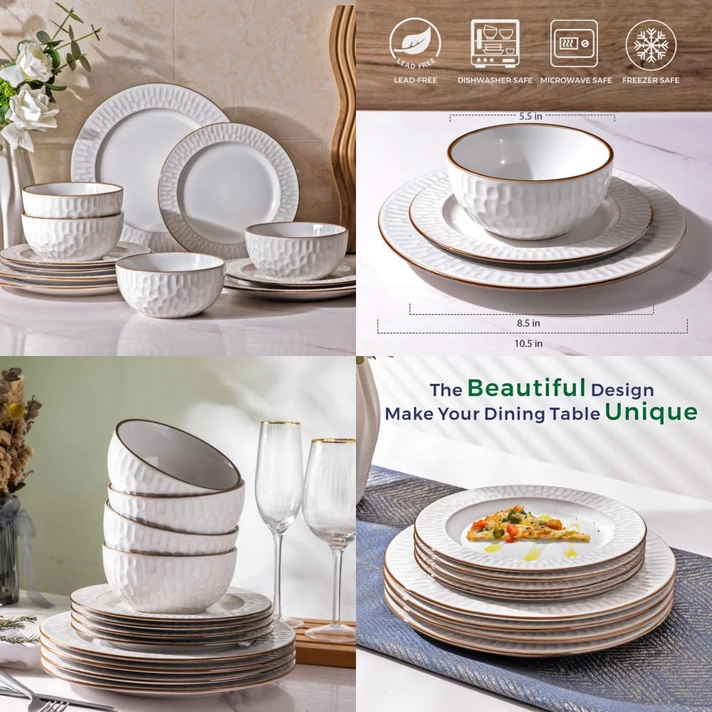 Ceramic Tableware Set12 Piece Elegant Embossed Ceramic Dinnerware Set with Plates and Bowls for Modern Tabletop Styling