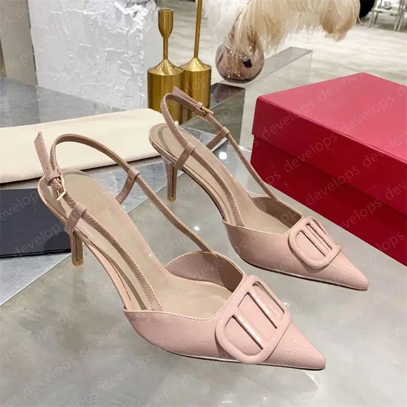 High heels designer sandals classics metal buckle pointed toe thin heel summer valentinolies luxurys brand genuine leather woman