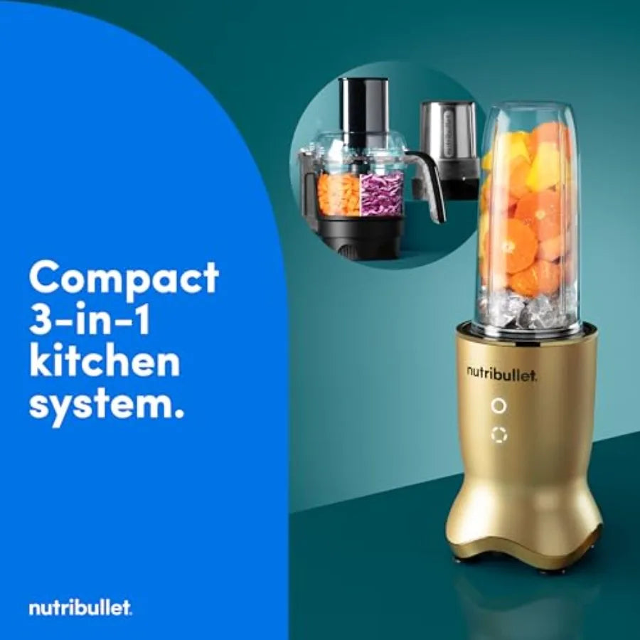 3-1 Compact Kitchen System 1200W with Blender Food Processor Coffee and Spice Grinder Brass 32oz 24oz Blending Cups 2-Cup Food
