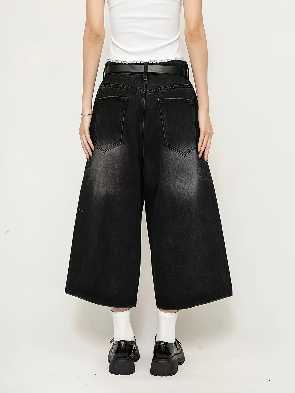 American Street Style Black Denim Cropped Shorts for Women, New Summer Style, Loose Wide-Leg, Slimming Straight Casual Mid-Length Pants