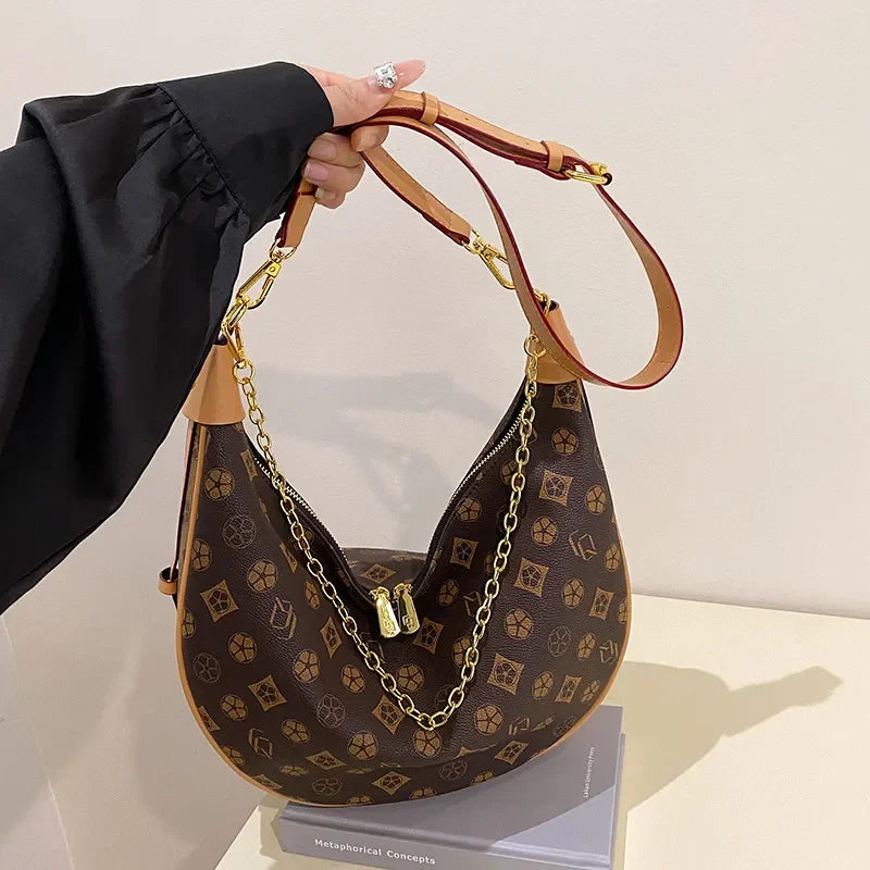 Free shipping Designer Patterned Hobo Bag with Chain Detail & Adjustable Strap Fashion Stylish Versatile Trendy Women's Handbag