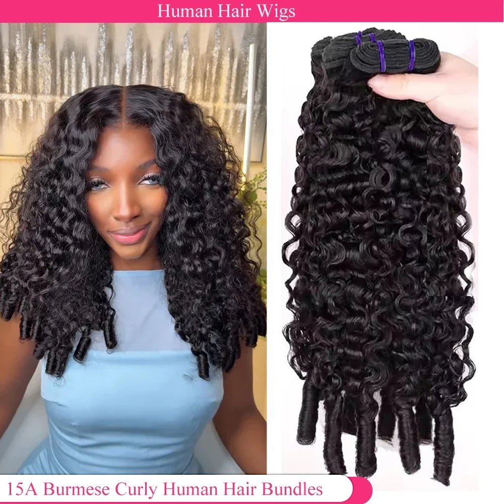 Burmese Curly Bundles Human Hair Sew Brazilian Virgin Remy Hair Extensions In Bundles 30 Inch Raw Hair 3/4Bundles Double Weft