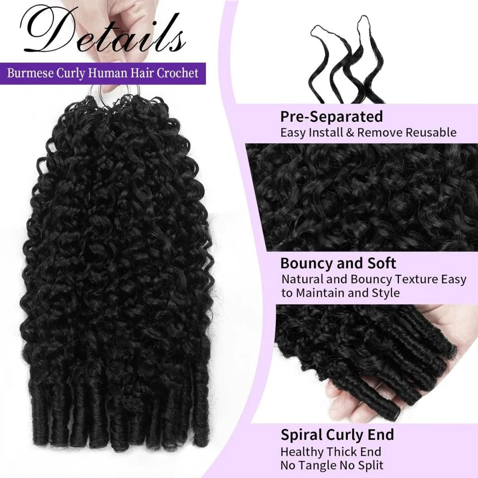 Burmese Curly Crochet Human Hair Extension Water Wave Brazilian Weave Pre Separated Knotless Feather Crochet Hair Bundles Black