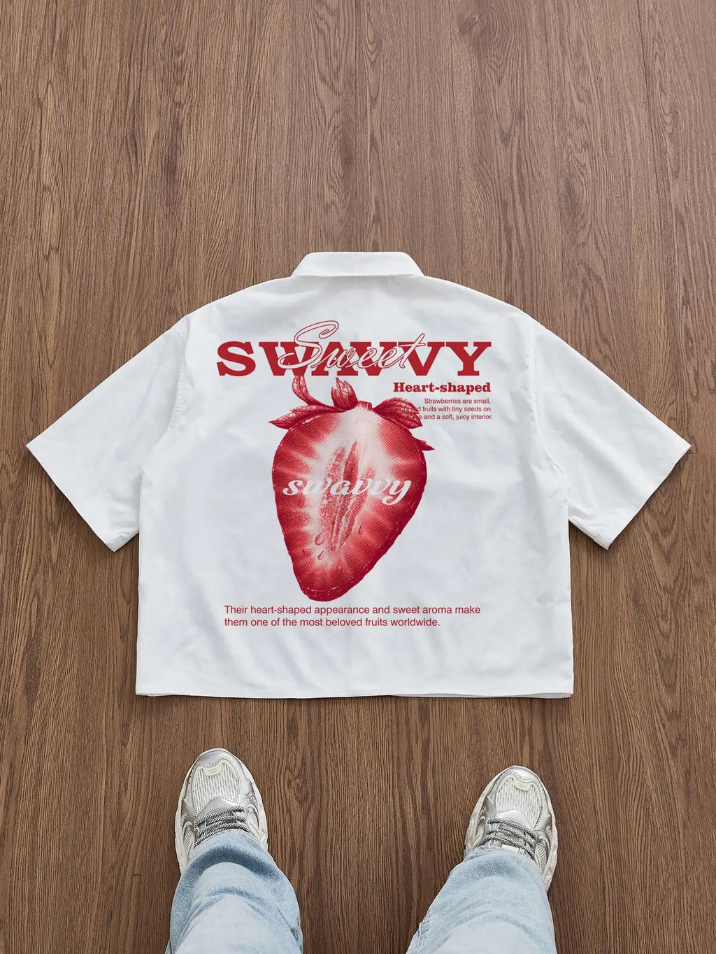 Men's White Loose Short Crop Shirt with Strawberry Graphic Print