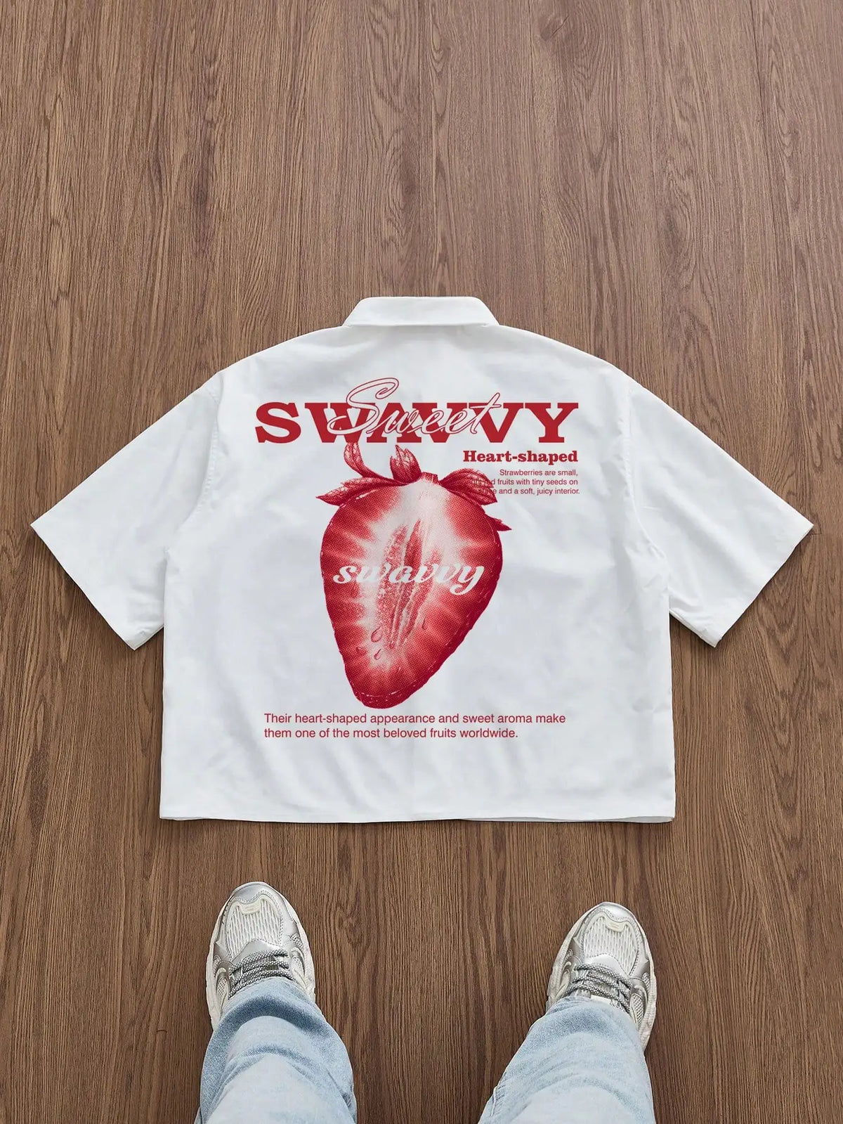 Men's White Loose Short Crop Shirt with Strawberry Graphic Print