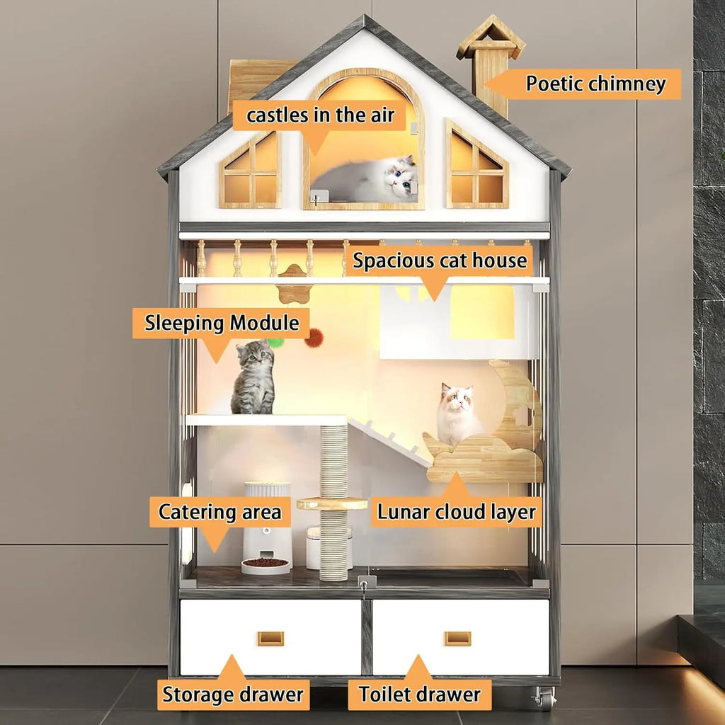 Large Wooden Cat House Cage Enclosure on Wheels with Scratching Post Litter Box Drawer Indoor 63x35x24, Customized
