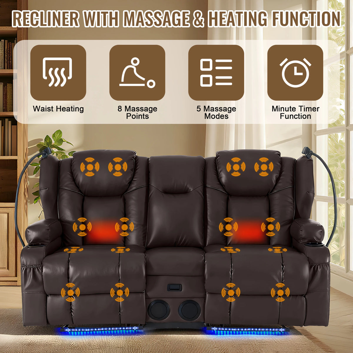 Redlife Loveseat Electric Recliner Sofa for Seniors, Massage & Heat,Dual Motor,350LBS Capacity,Cat-Claw Leather,For Living Room