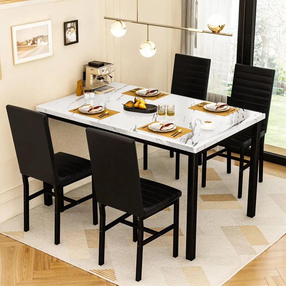 Dining Table Set for 4, Marble Kitchen Table and Chairs for 4, Comfortable PU Leather Chairs,Dining RoomTable Set for Small Spac