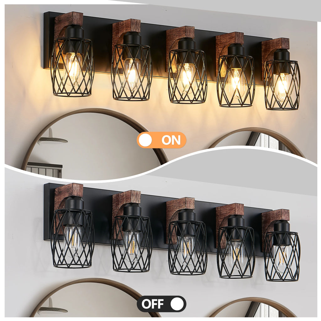 32 Inch 5-Light Vintage Mirror Sconce Black Cage Wall Sconce with Wooden Accents for Bathroom Bedroom (E26, Bulb Not Included)