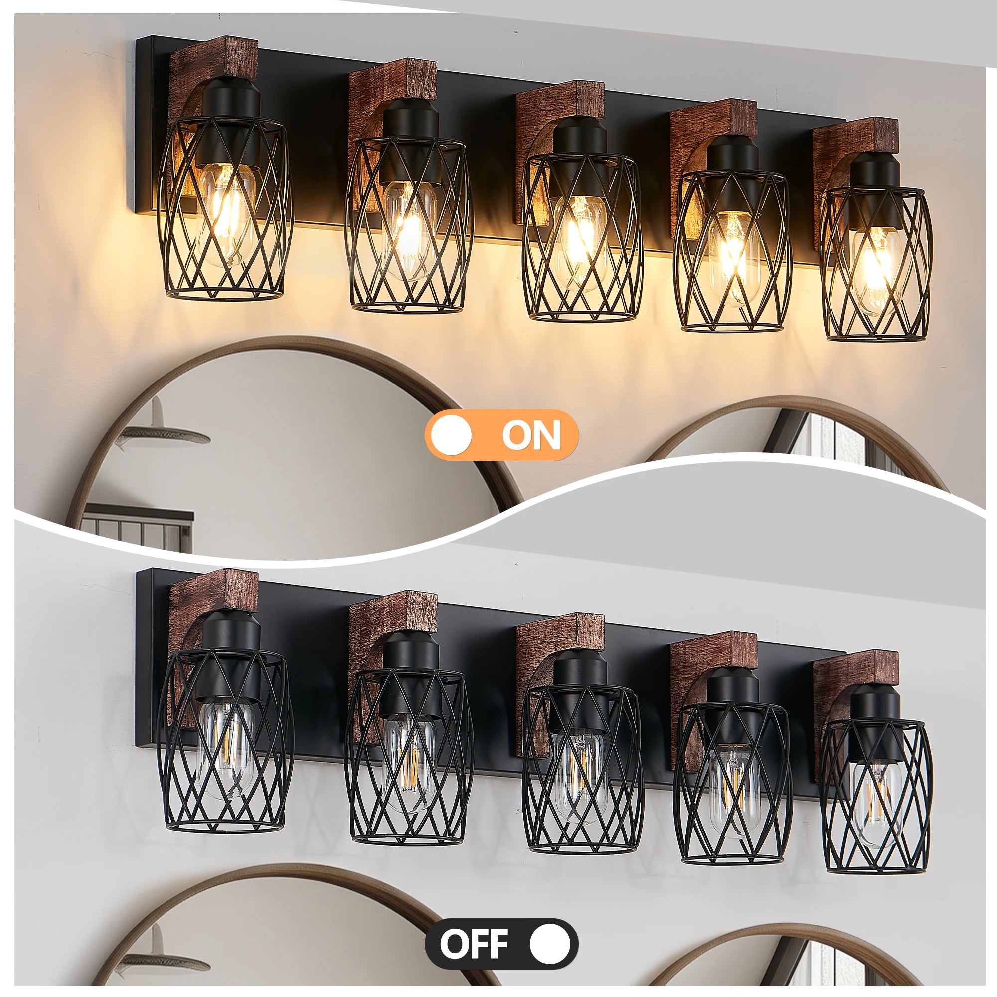 32 Inch 5-Light Vintage Mirror Sconce Black Cage Wall Sconce with Wooden Accents for Bathroom Bedroom (E26, Bulb Not Included)