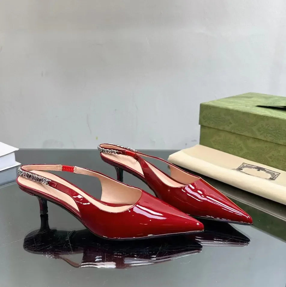 Elegant Pointed Slingbacks Women 10.5CM High Heel Lacquer Leather Luxury Designer Shoes Casual Metal Chain Decorative Sandals