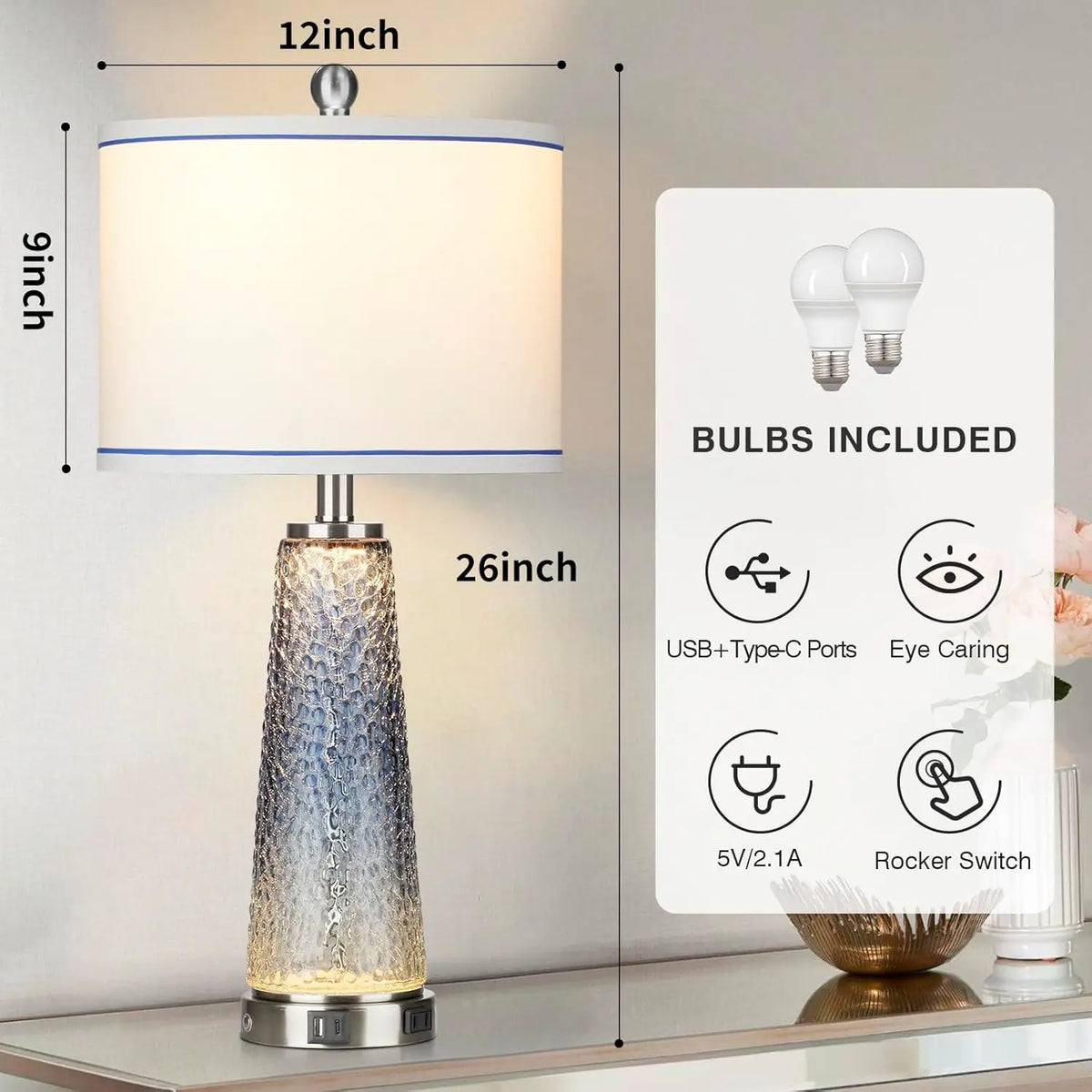 26" Coastal Glass Table Lamp with USB Ports & AC Outlet, Touch Control Night Light for Living Room or Bedside