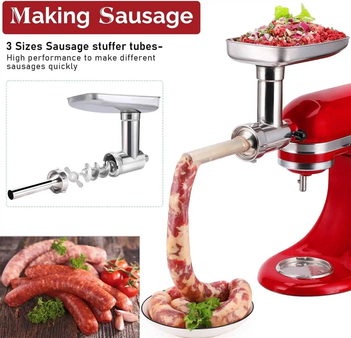 Stainless Steel Food Grinder Attachment for Kitchen Mixers, Dishwasher Safe with 3 Sausage Tubes