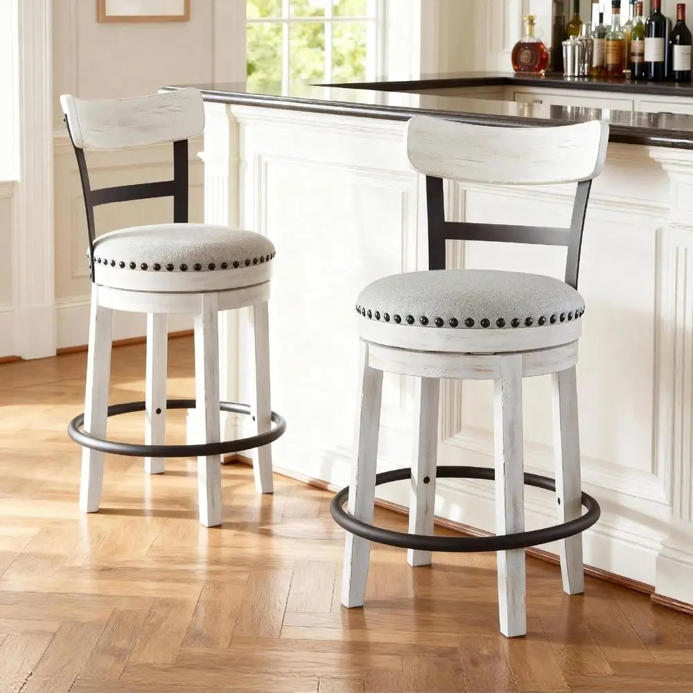 Valebeck | ern Swivel 24.5" Counter Height Barstool – Rustic-Industrial Whitewash, Upholstered Cushion, 360° Swivel, NailTrim
