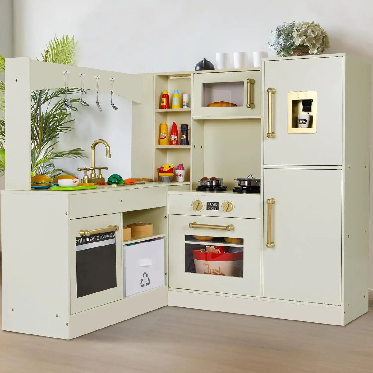 Corner Play Kitchen for Kids, Wooden Pretend Toy Kitchen, Large Toodler Cooking Playset w/Refrigerator, Stove w/Light & Sound, D