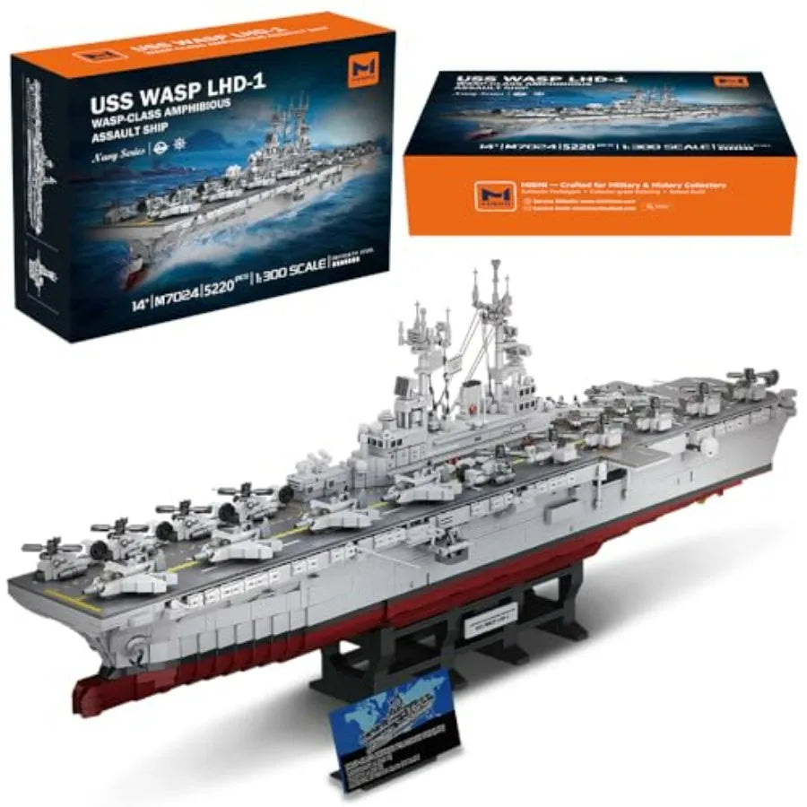 M7024 US Navy Warship Building Brick Set 1:300 Military Series Wasp-Class Amphibious Assault Ship 5220 Pieces Aircraft Carrier