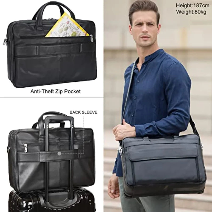 Masa Kawa Leather Briefcase for Men 15.6 17 Laptop Computer Case Business Travel Work Messenger Cross Body Shoulder Bag