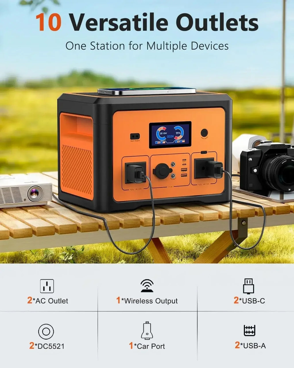 Portable Power Station 600W(Peak 1800W), Solar Generator with 384WH LiFePO4 Battery, 10 Outputs  UPS  Backup, Generators