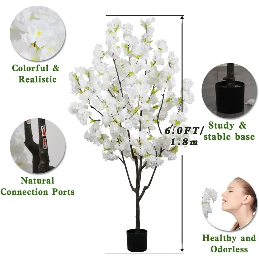 Indoor Cherry Blossoms Tree White Artificial Cherry Blossom Tree 6FT Faux Bedroom Trees for Home Decor Indoor Living Room Accen