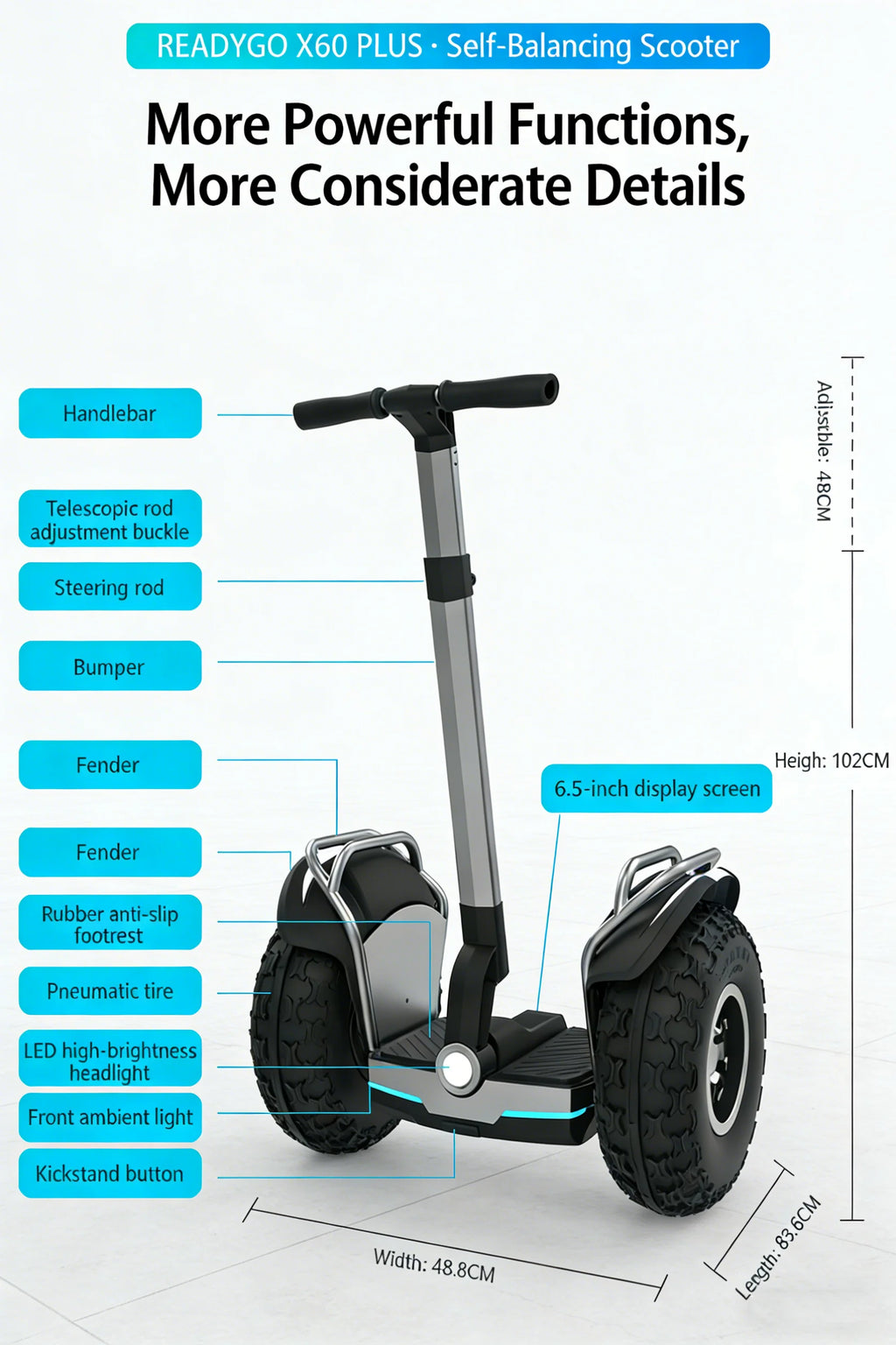 Readygo X60 plus Long Range 20 inch Fat Tire Electric Balance Scooter  Off-Road Ready Patrol Scooter