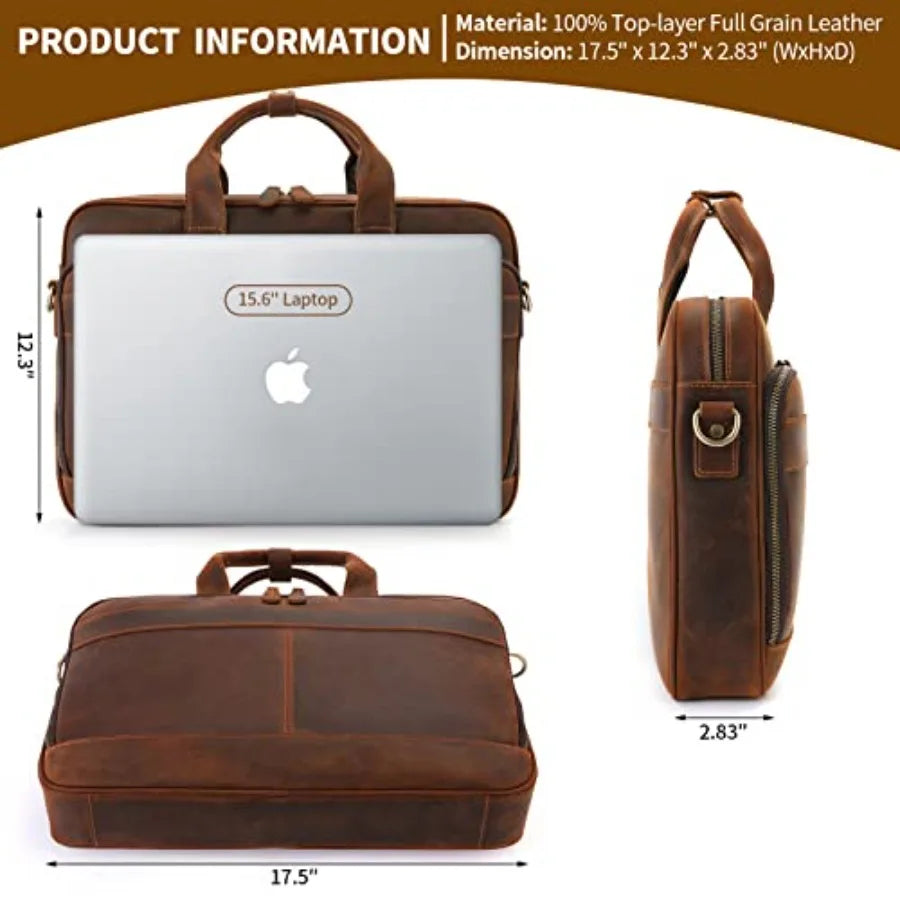Full Grain Leather Briefcase for Men Business Messenger Bag Laptop Case Fits 15.6 Inch Laptop Brown Premium Quality Durable Des