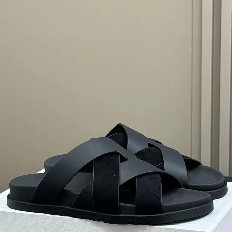 2026 Spring and summer braided calfskin functional sandals, suede color-block slippers, couple's vacation beach slippers