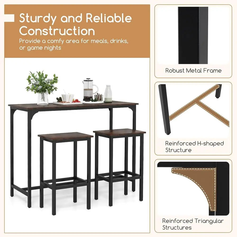 Industrial 47.5 Counter-Height Dining Set with 2 Bar Stools for Kitchen or Breakfast Nook