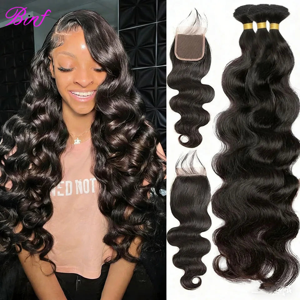 Body Wave Human Hair Bundles With 4x4 5x5 6x6 HD Closure Peruvian Hair Weave 3/4 Bundles With Lace Closure Body Wavy Human Hair