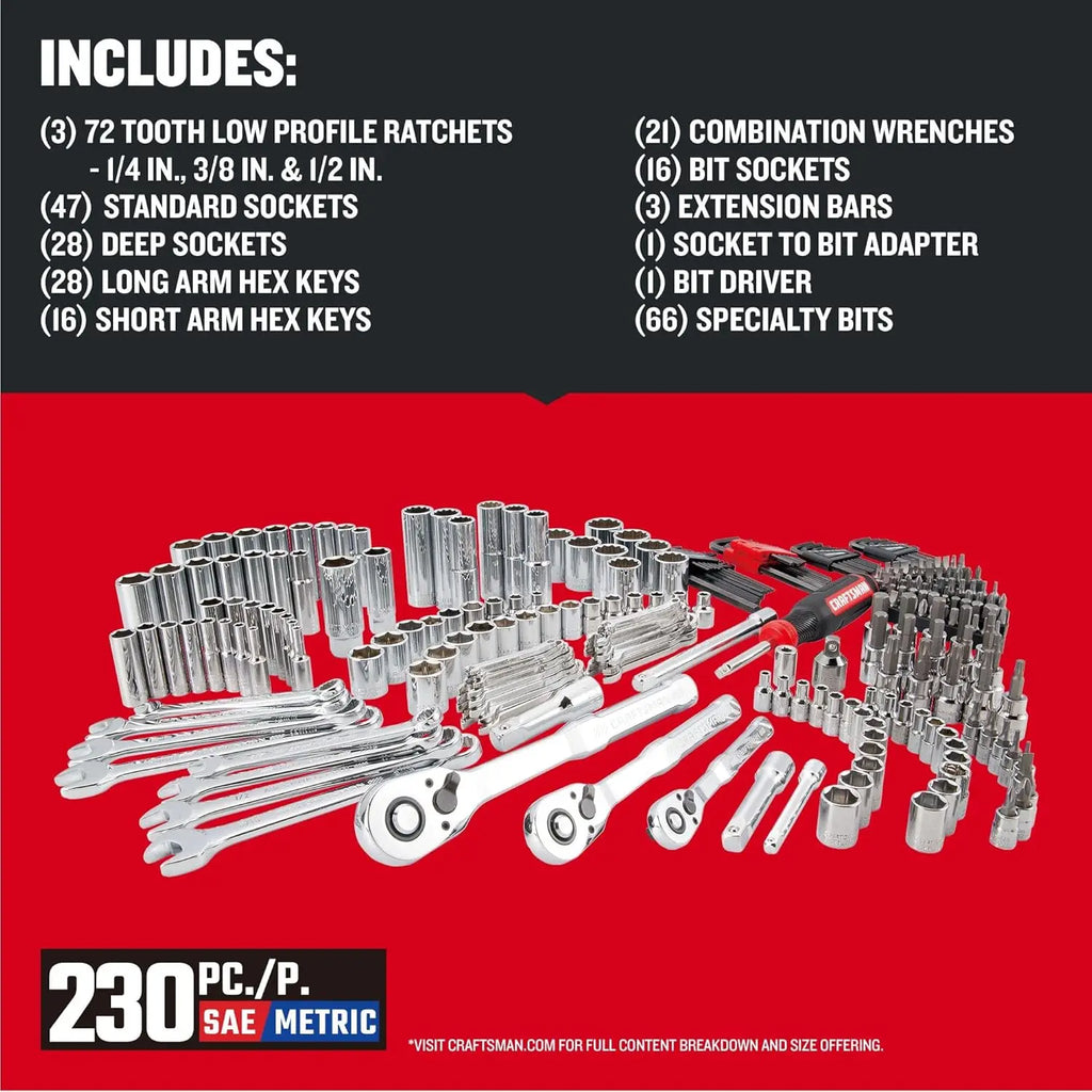 230 Pcs Professional Mechanics Tool Set with Socket Wrench, Car Kit, SAE/Metric Sizes in Versastack Toolbox
