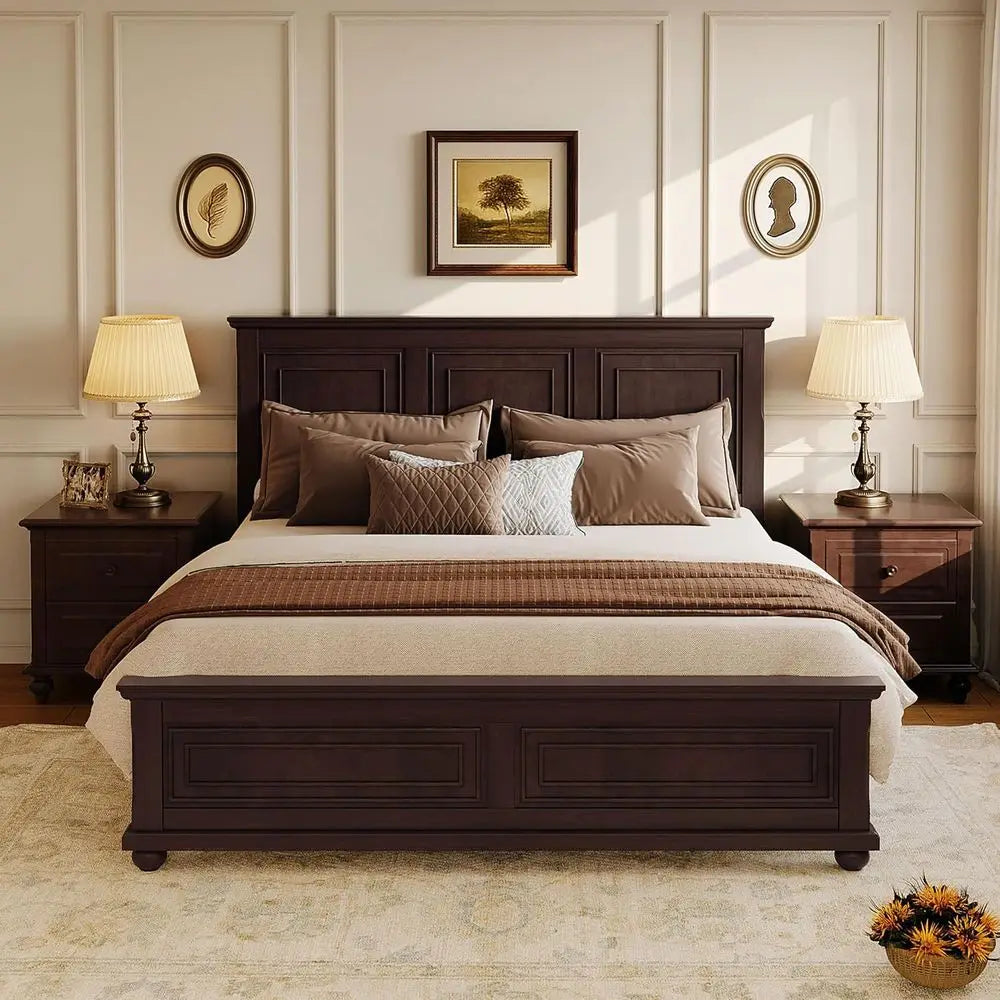 Solid Wood Queen Platform Bed with Wooden Slats, No Box Spring Needed, Rich Brown Finish