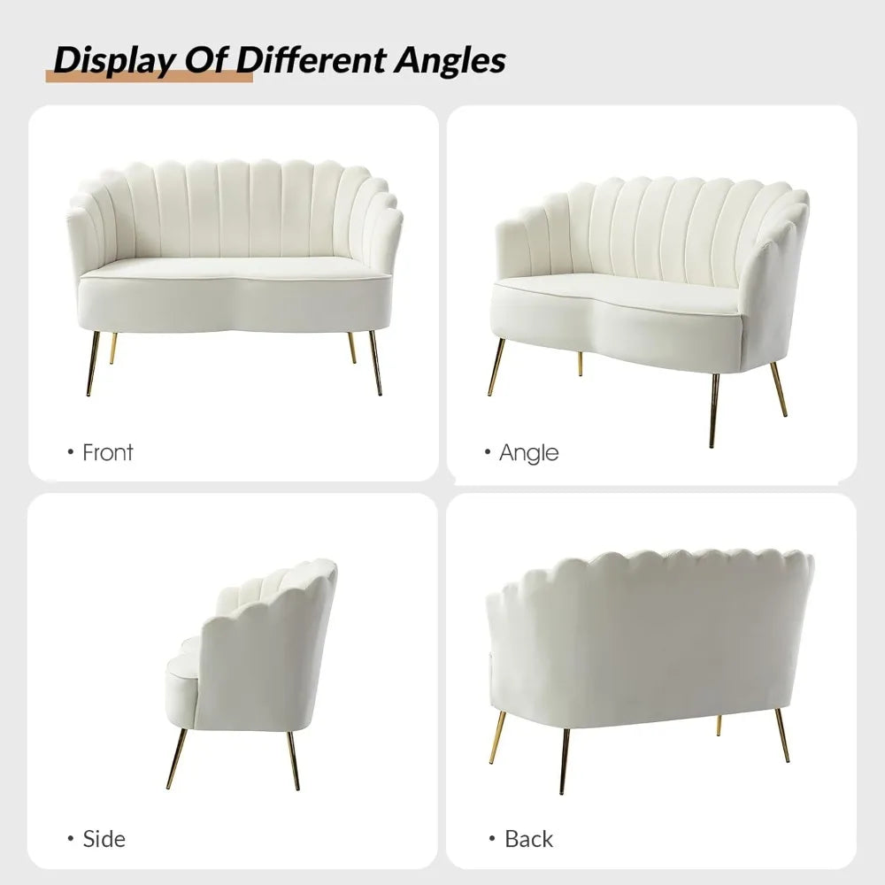 Modern Velvet Loveseat Sofa with Flower Shaped Back, Comfy Upholstered 2-Seater Sofa with Gold Metal Legs, Small Love Seat Acce