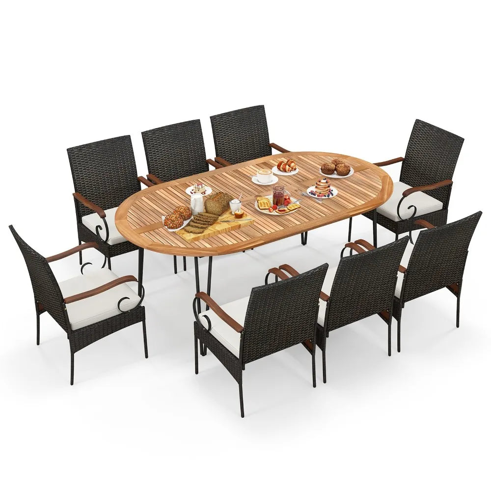 9 PCS Acacia Wood Table & 8 Patio Wicker Armchairs Patio Rattan Dining Set