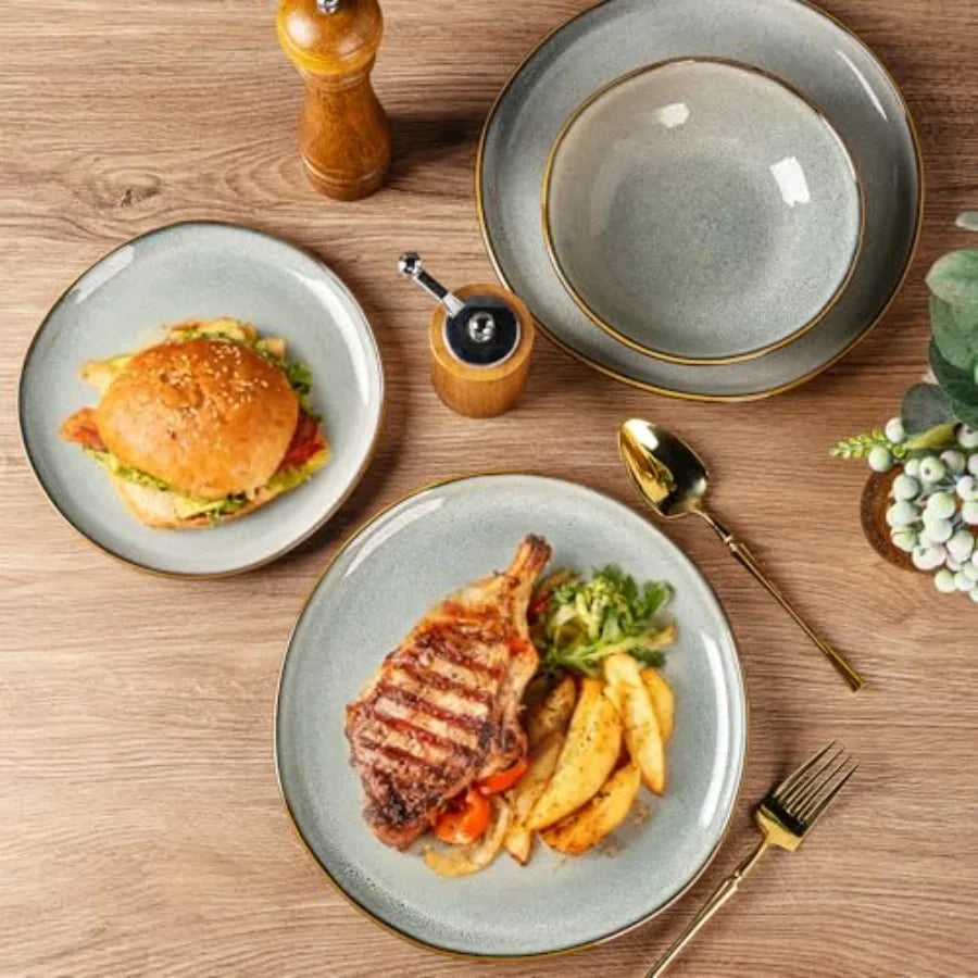 Ceramic Dinnerware Sets Handmade Reactive Glaze Stoneware Plates and Bowls for Dining Service for 8 24pc Dishwasher Microwave S